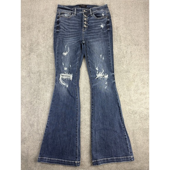 Judy Blue Denim - Judy Blue Trouser Flare Jeans Button Fly Dark Wash Women's 9/29 Stretch